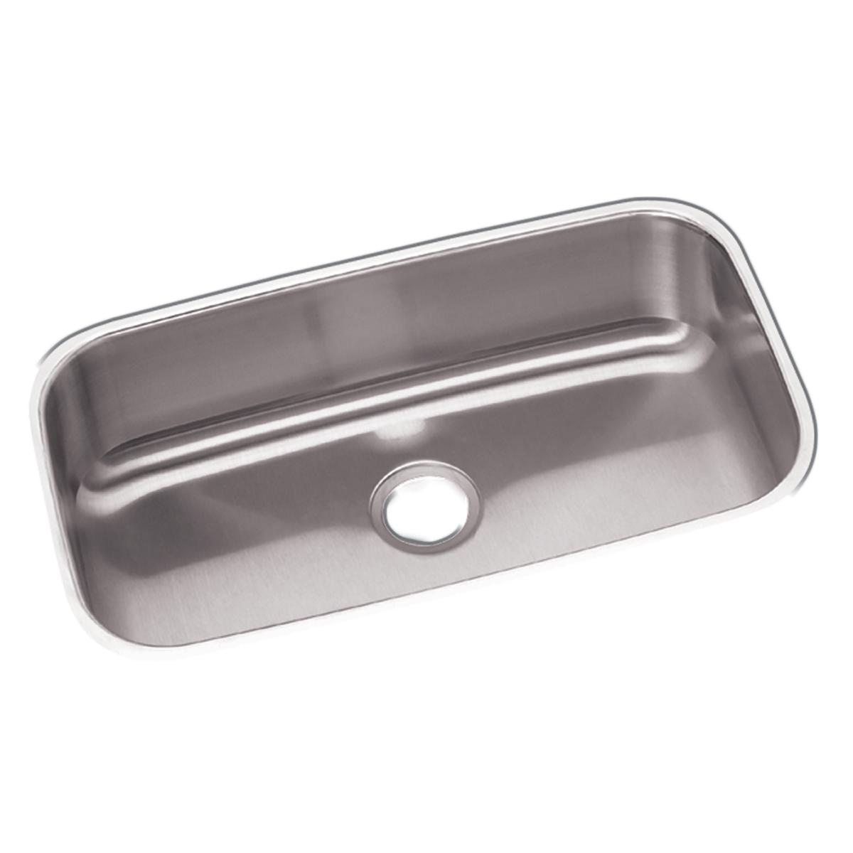 Stainless steel single bowl undermount sink with rounded corners and center drain hole.