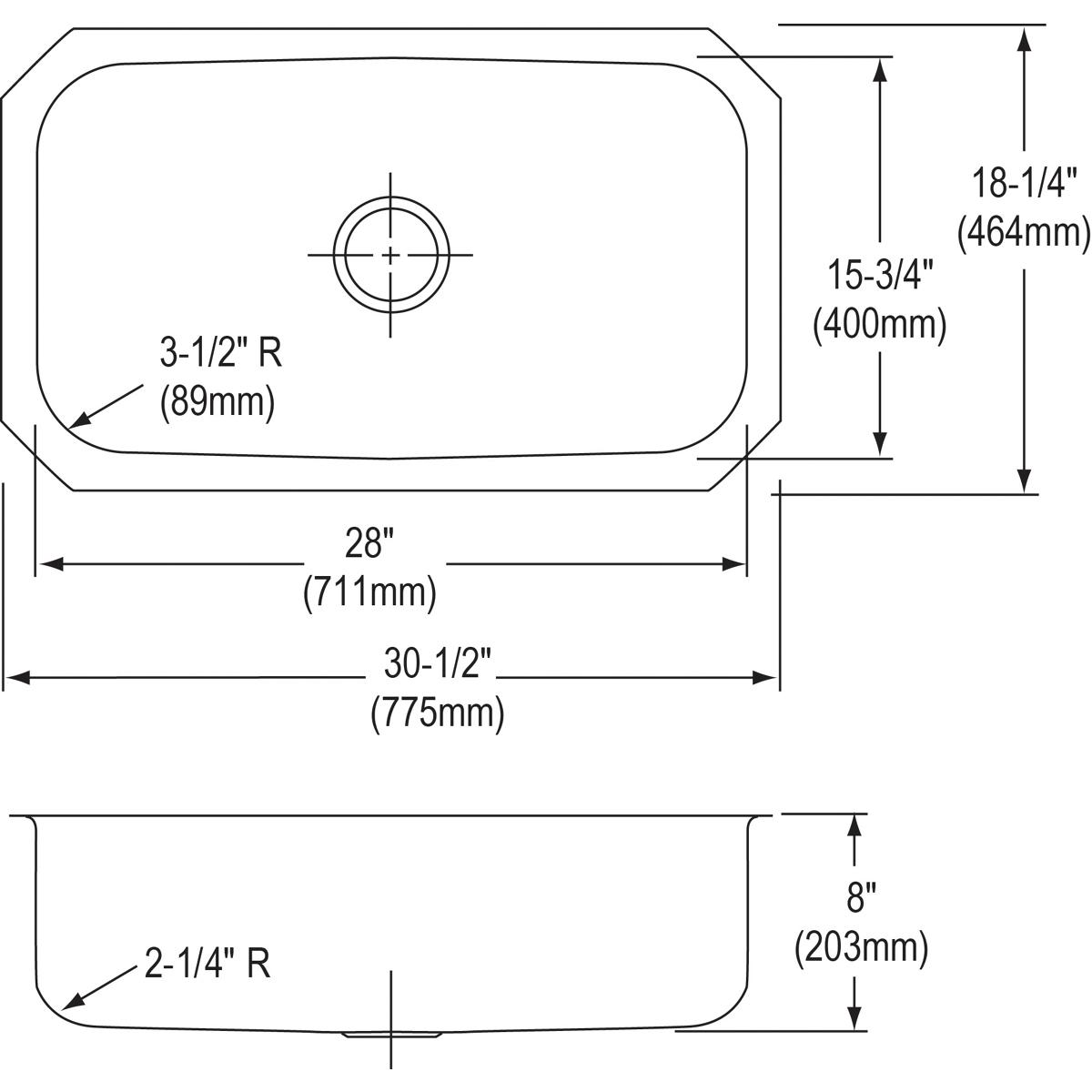 Stainless steel single bowl undermount sink with rounded corners and center drain opening, shown in top and side view technic