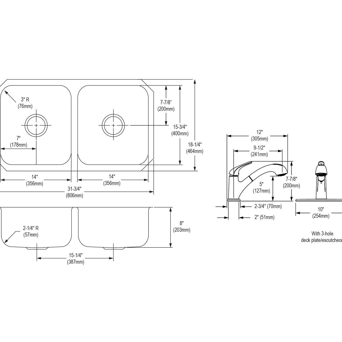 Elkay Dayton Stainless Steel 31-3/4" x 18-1/4" x 8" Equal Double Bowl Undermount Sink and Faucet Kit with Bottom Grid