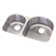 Stainless steel double bowl undermount sink with offset bowl sizes and drain holes.