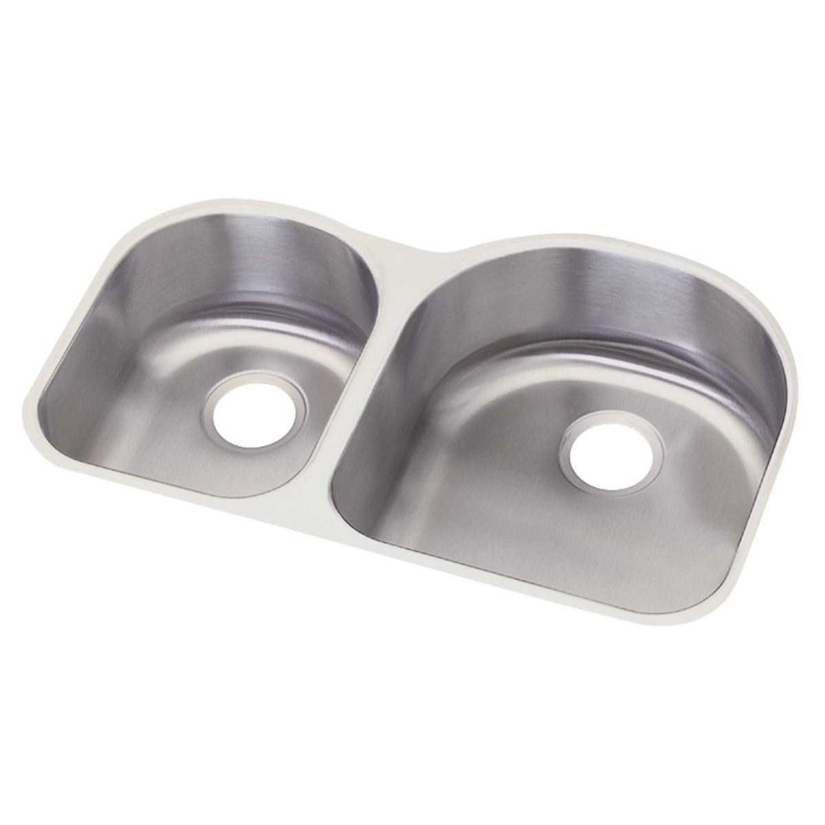 Stainless steel double bowl undermount sink with offset bowl sizes and drain holes.