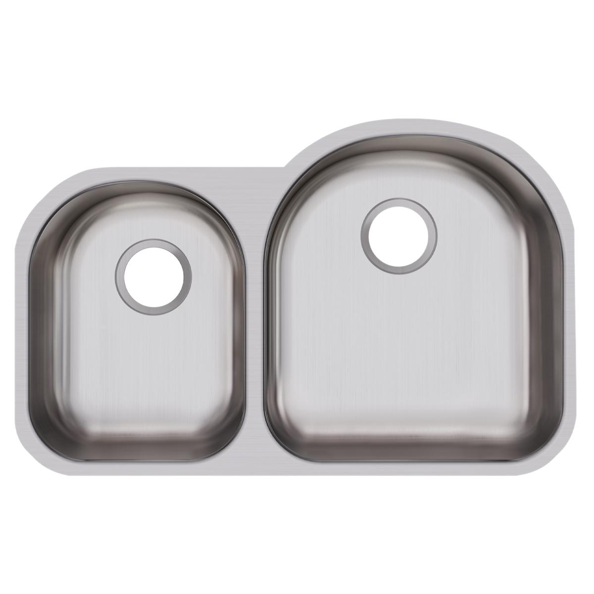 Stainless steel double bowl undermount sink with smaller left bowl and larger right bowl, each with drain opening.