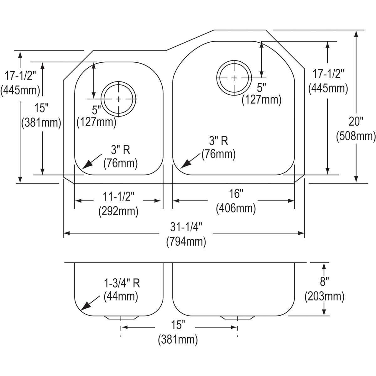 Stainless steel double bowl undermount sink with offset 40/60 configuration and rounded corners, shown in top and side techni
