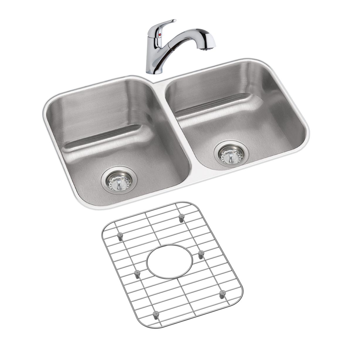 Stainless steel double bowl undermount sink with chrome faucet and wire grid bottom protector included.