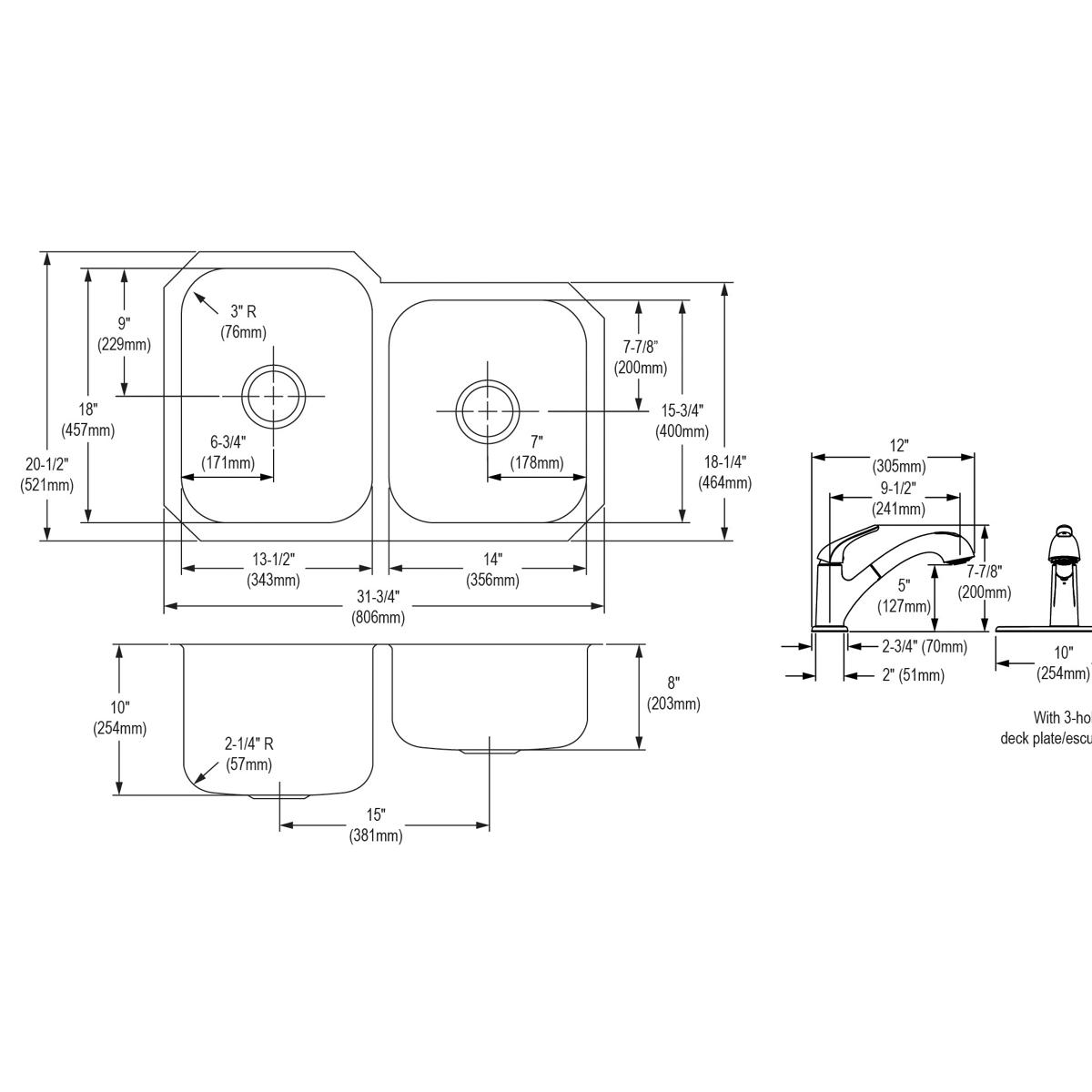 Technical specification diagram showing undermount double bowl sink dimensions, drain locations, and matching faucet measurem