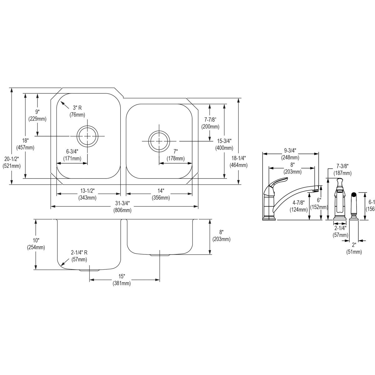 Technical specification diagram showing stainless steel double bowl undermount sink layout with offset bowls and matching fau