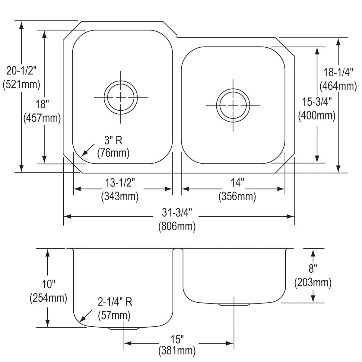 Elkay Dayton Stainless Steel 31-3/4" x 20-1/2" x 10" 60/40 Double Bowl Undermount Sink - DXUH312010R
