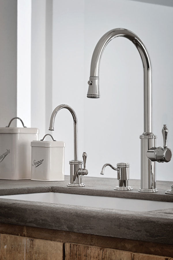 California Faucets Davoli Pull-Down Kitchen Faucet with Button Sprayer - High Arc Spout in Satin Brass - K10-100-48-SB