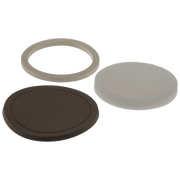 Three rubber gasket components in gray and black, including a ring, and two oval discs of varying sizes.