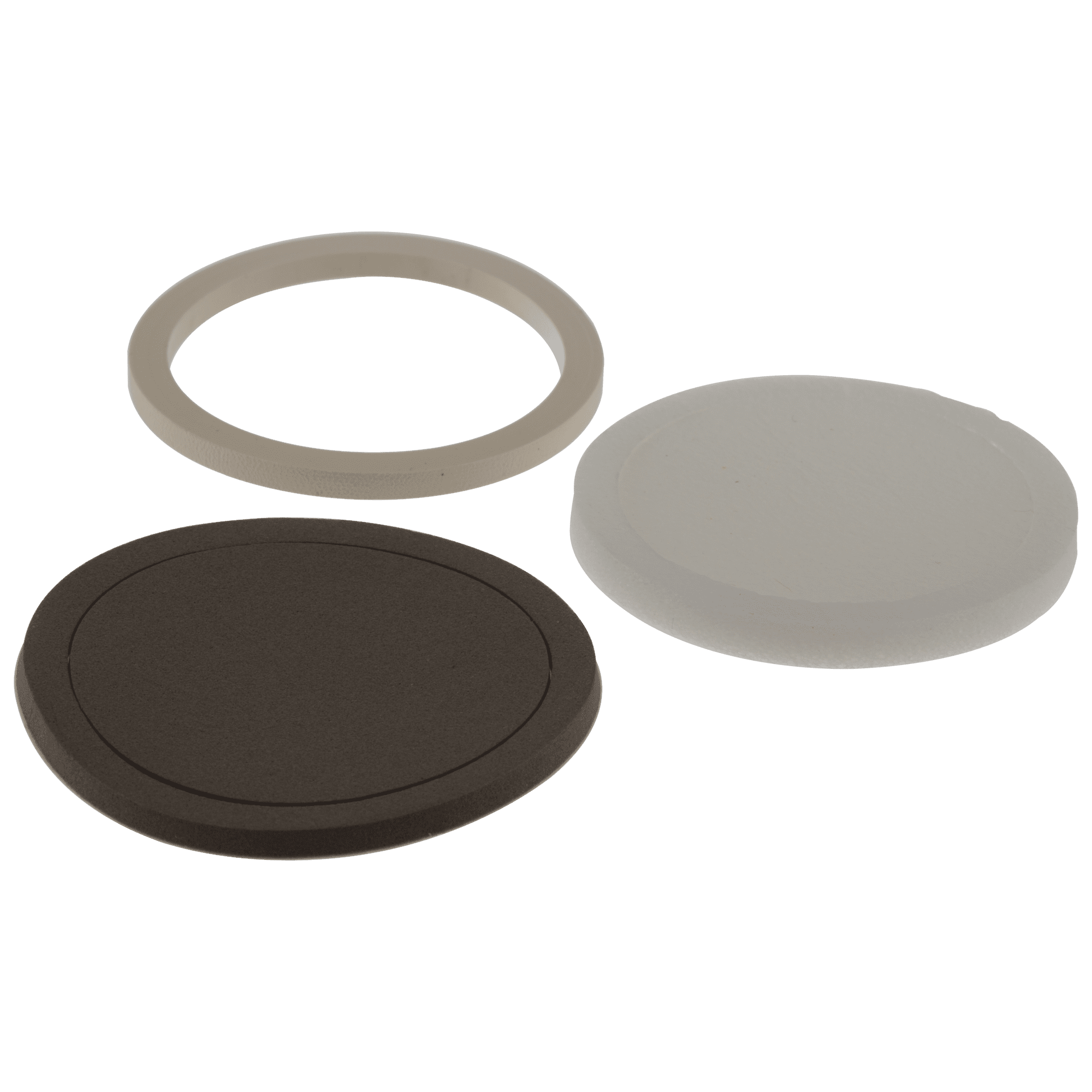 Three rubber gasket components in gray and black, including a ring, and two oval discs of varying sizes.