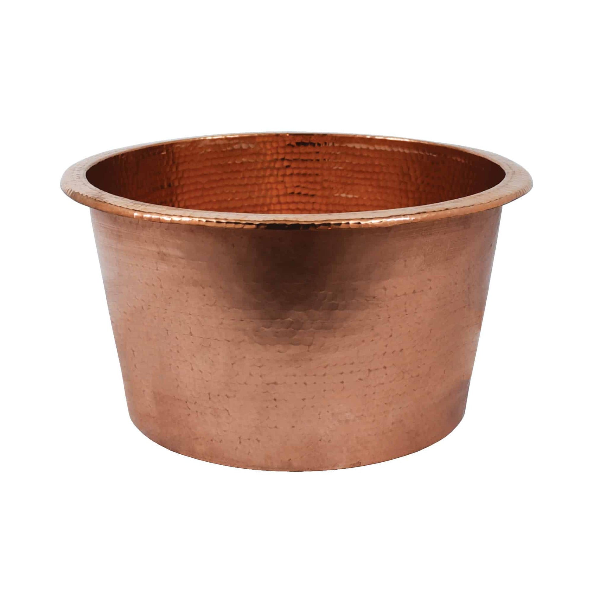 Polished copper round sink bowl with hammered texture and rolled rim.