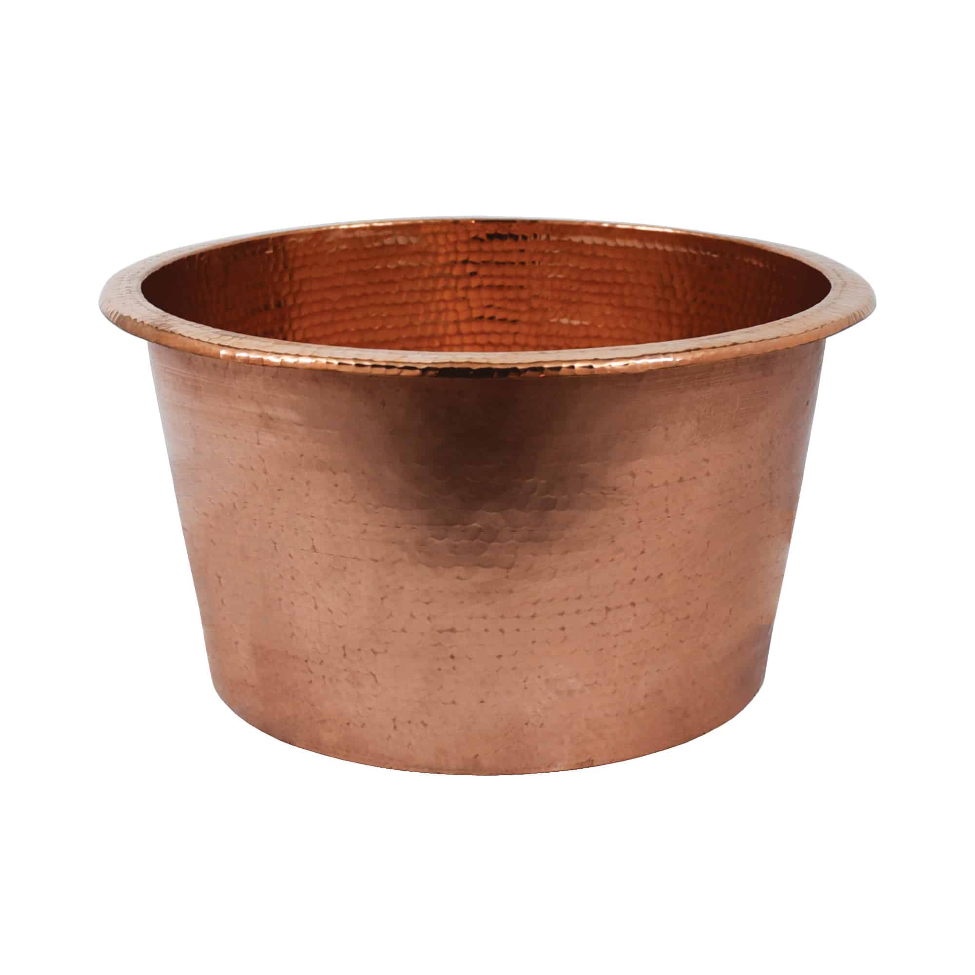 Polished copper round sink bowl with hammered texture and rolled rim.