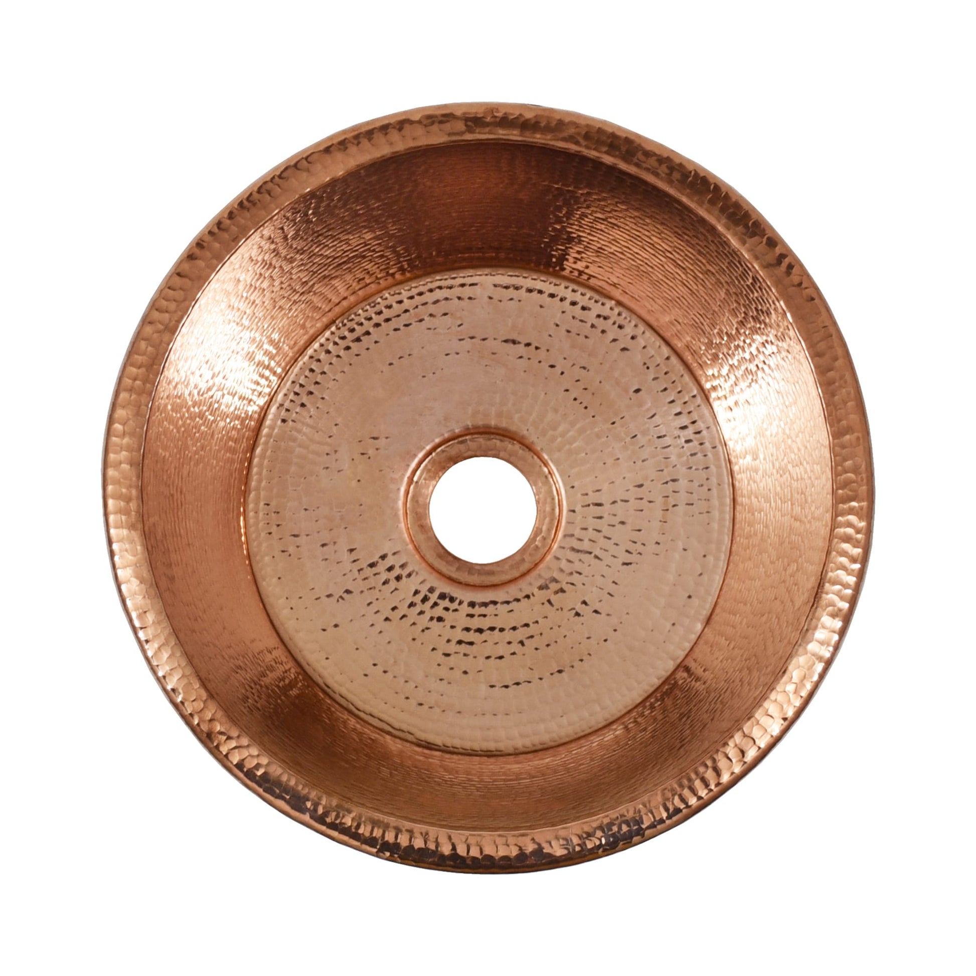 Polished copper circular sink with hammered texture and perforated center drain basin, viewed from above.