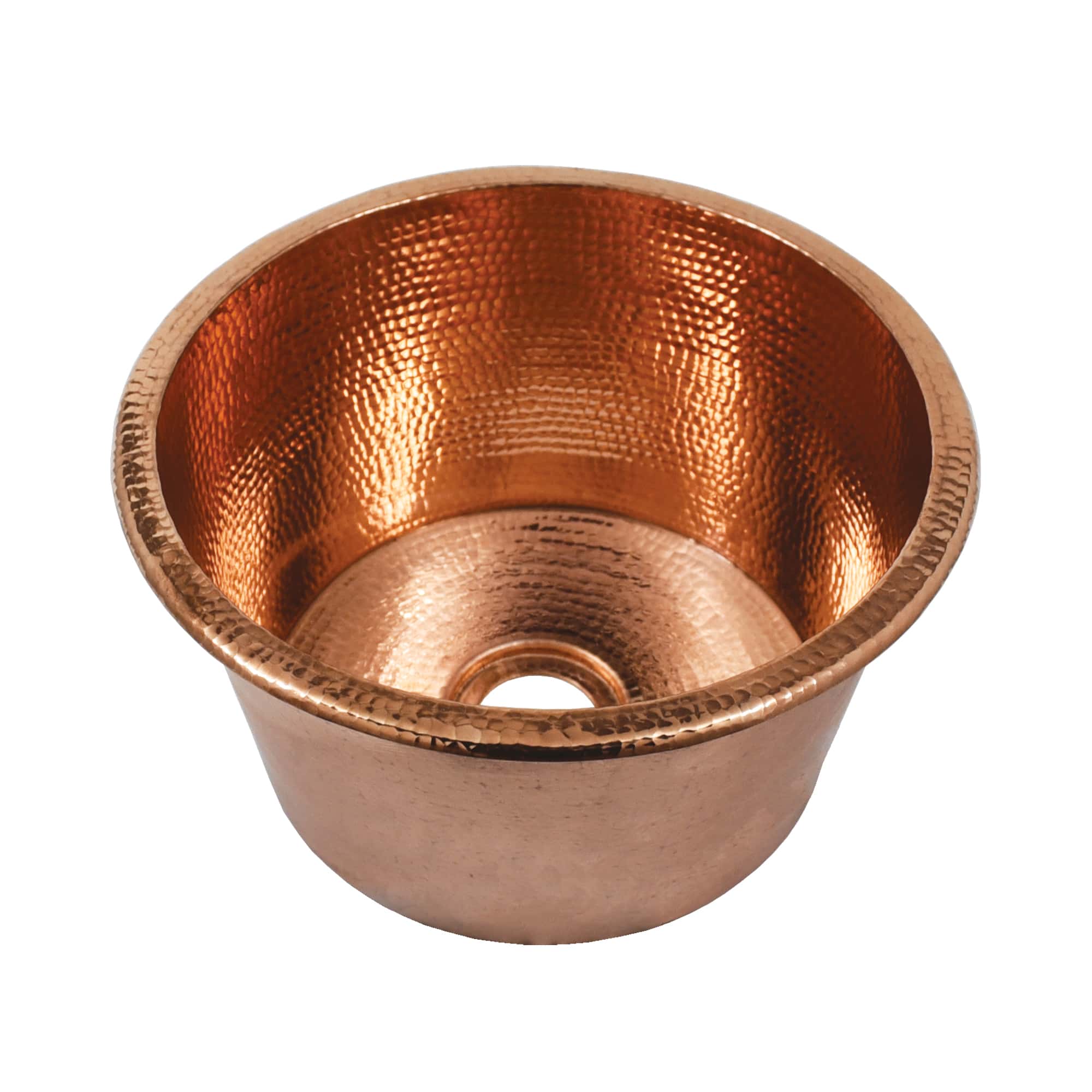 Polished copper round sink with hammered texture interior and drain opening.