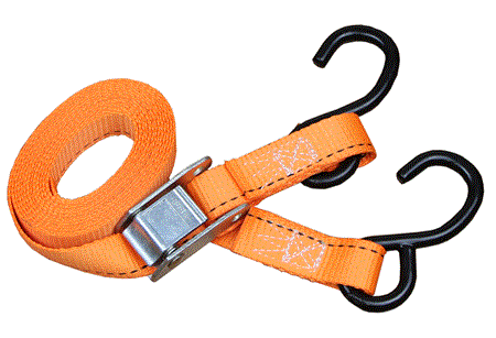 Orange nylon web tie-down strap with metal cam buckle and two black hook ends.