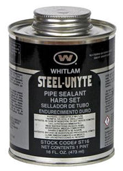 Whitlam Steel-Unyte pipe sealant in black cylindrical metal can with silver lid and product labeling.