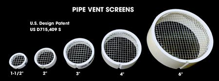 Five white PVC pipe vent screens with mesh grilles in increasing sizes from 1.5 inches to 6 inches.