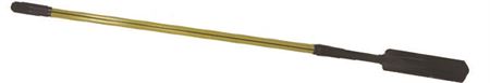 Long-handled trench shovel with brass/gold shaft and black grip handles at both ends.