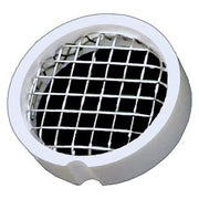White circular PVC pipe vent screen with black grid mesh pattern, 4 inch diameter.