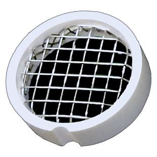White circular PVC pipe vent screen with black grid mesh pattern, 4 inch diameter.