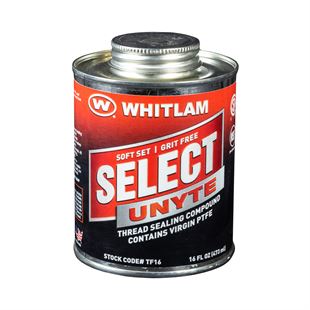 Red and black Whitlam SELECT-UNYTE thread sealing compound can with metal brush applicator cap.