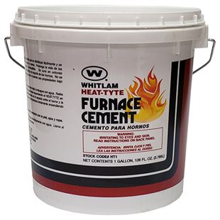 Four 1-gallon buckets of Whitlam HEAT-TYTE furnace cement with handle and label.