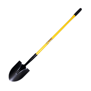 Round point shovel with black blade and yellow handle with black grip.