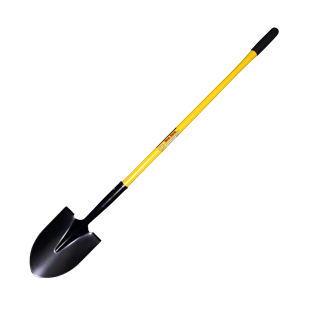 Round point shovel with black blade and yellow handle with black grip.