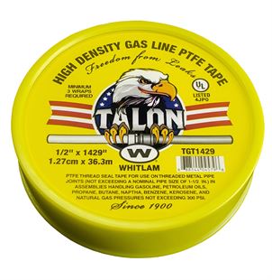 Yellow roll of Whitlam Talon PTFE gas line tape with black and white eagle logo and product specifications printed on circula