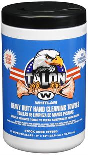 Black lid canister of Whitlam Talon heavy duty hand cleaning towels with blue label featuring eagle logo and orange striping.