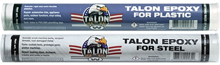 Two tubes of Whitlam Talon Epoxy Putty with black caps, one labeled "For Plastic" and one labeled "For Steel."