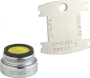 Chicago Faucets Softflo aerator with yellow mesh screen and metal housing, shown with installation key.