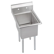 Stainless steel single-compartment sink with backsplash, drainboard, and four metal legs.