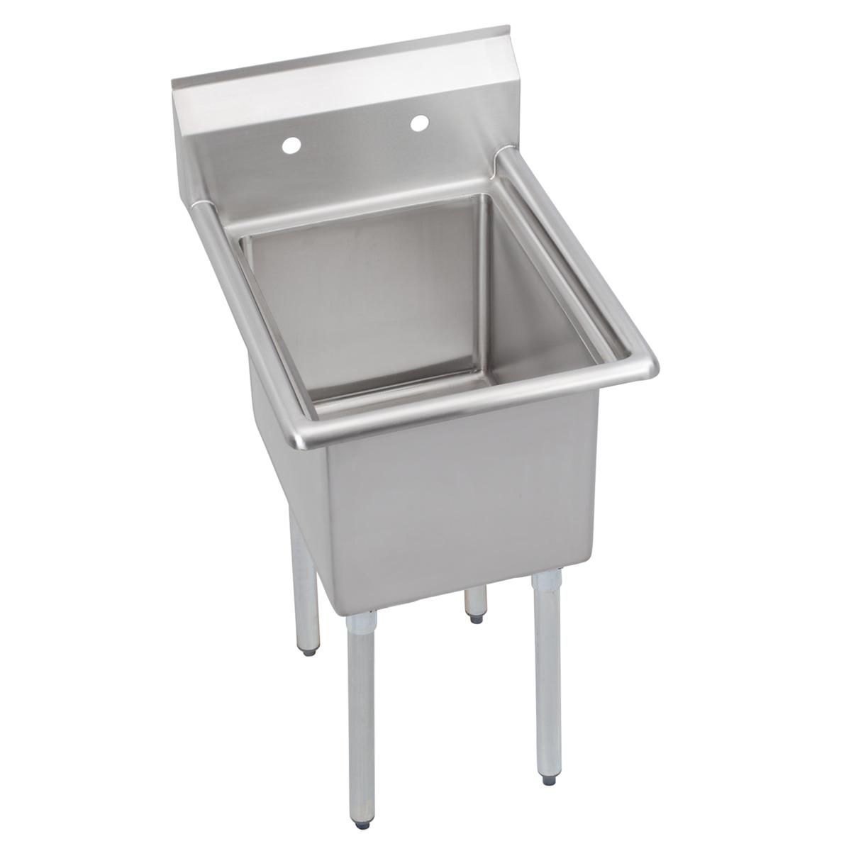 Stainless steel single-compartment sink with backsplash, drainboard, and four metal legs.