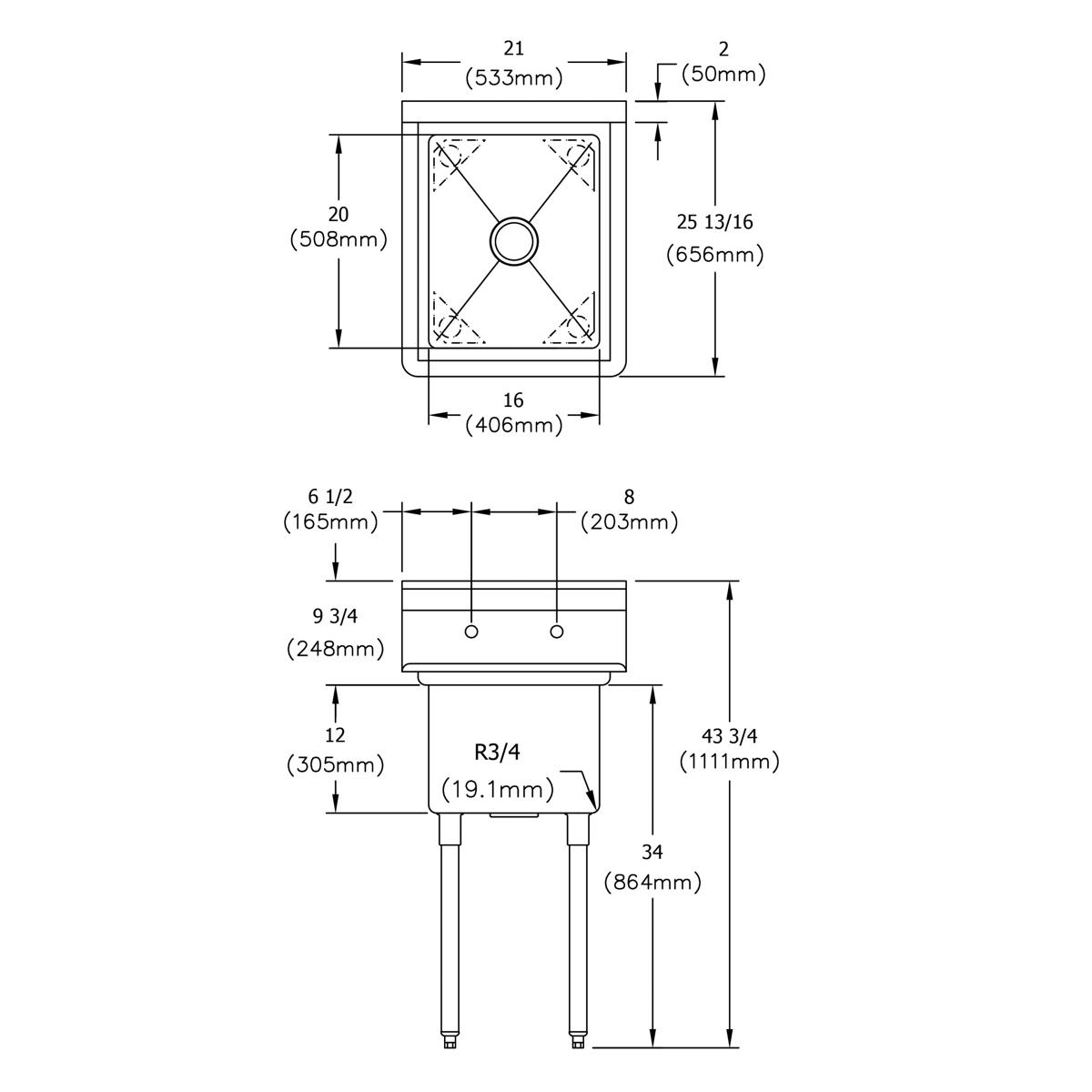 Stainless steel one-compartment sink with single basin and four support legs, shown in top and side elevation technical drawi