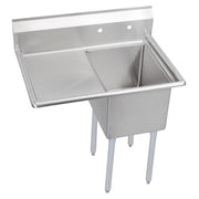 Stainless steel one-compartment sink with left drainboard and four legs, featuring a single basin and flat work surface.