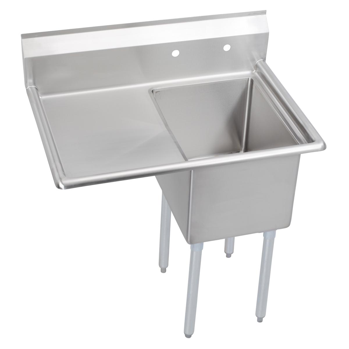 Stainless steel one-compartment sink with left drainboard and four legs, featuring a single basin and flat work surface.