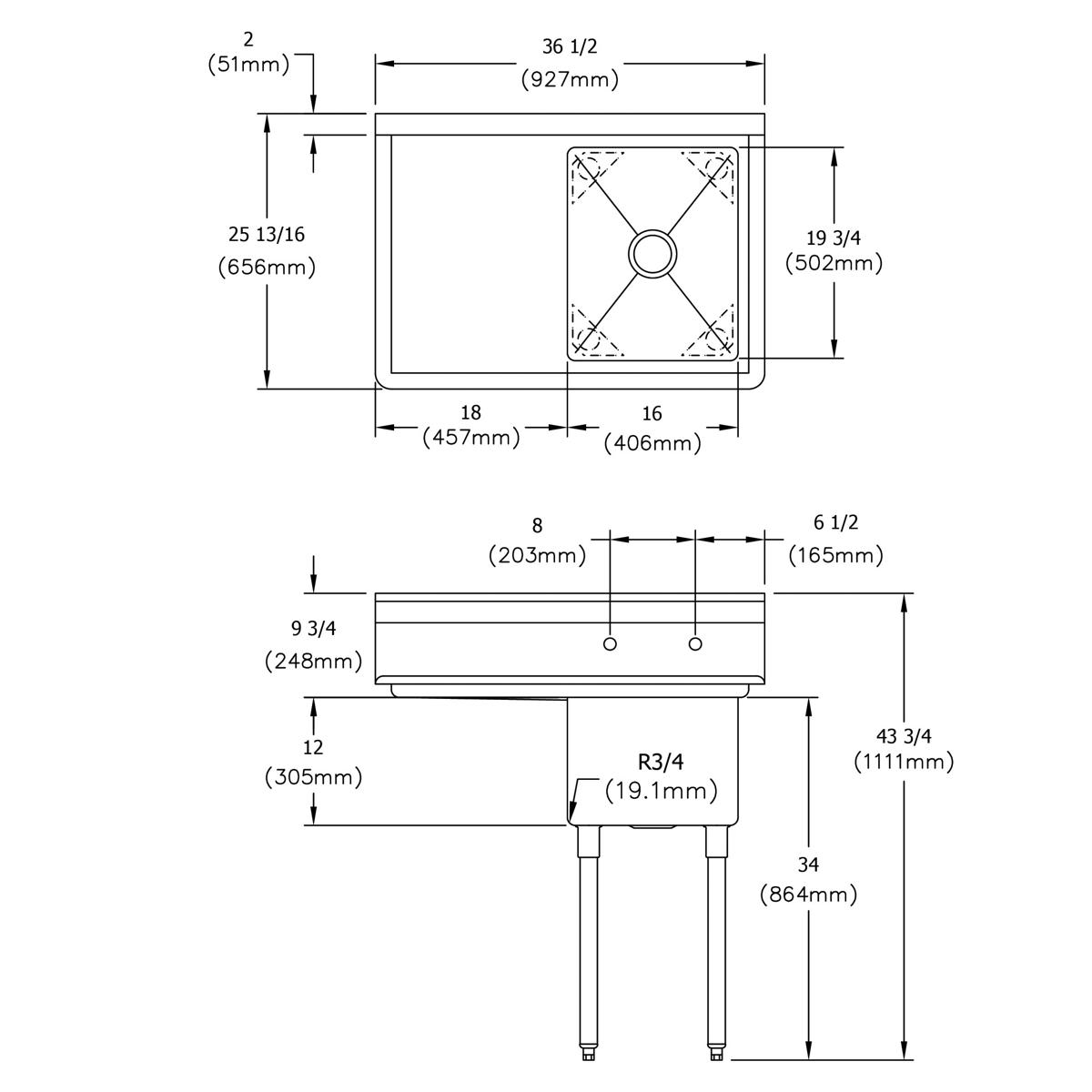 Stainless steel one-compartment sink with 18-inch left drainboard and four legs, shown in top and side technical drawings wit