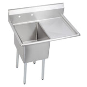 Stainless steel one-compartment sink with right drainboard and four legs.