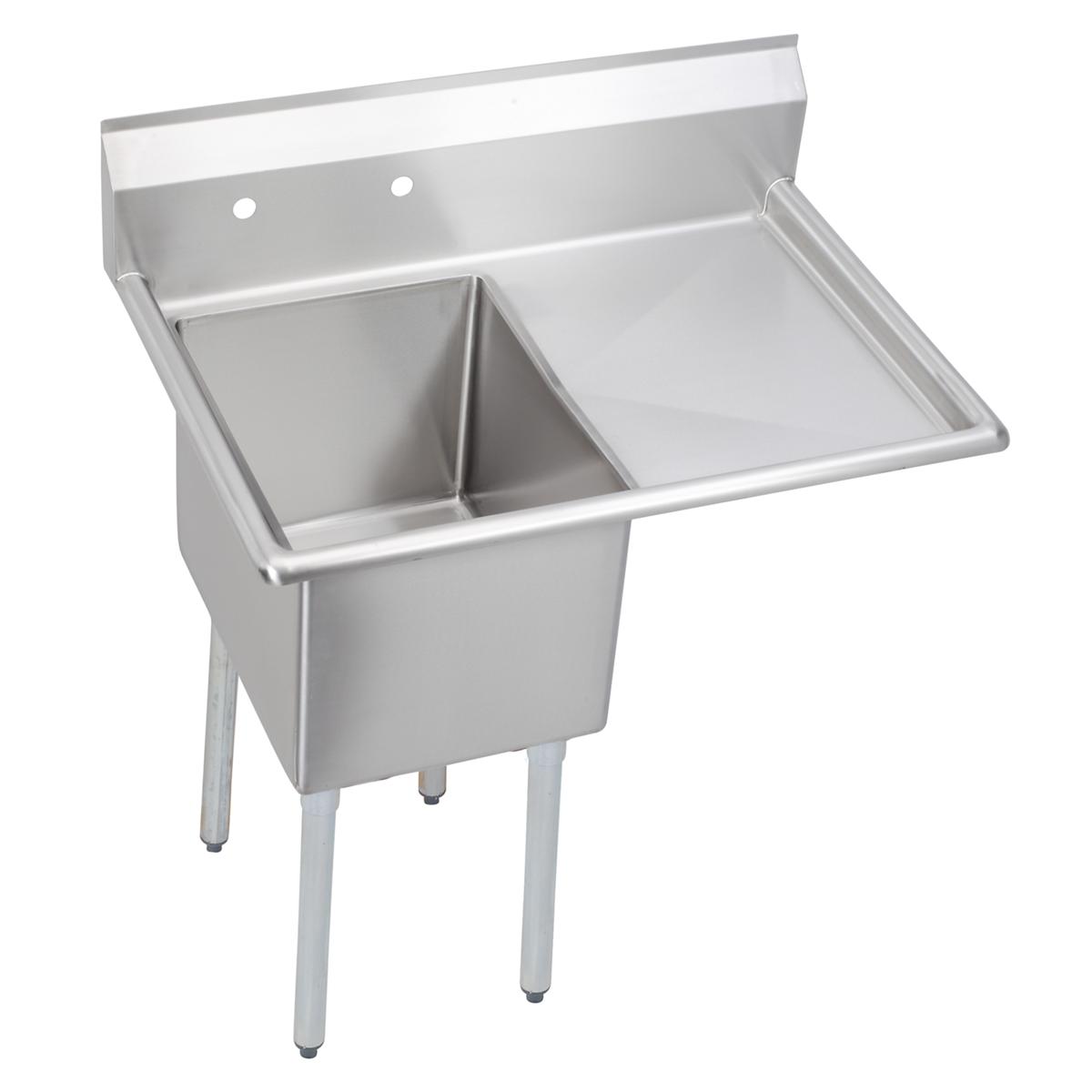 Stainless steel one-compartment sink with right drainboard and four legs.