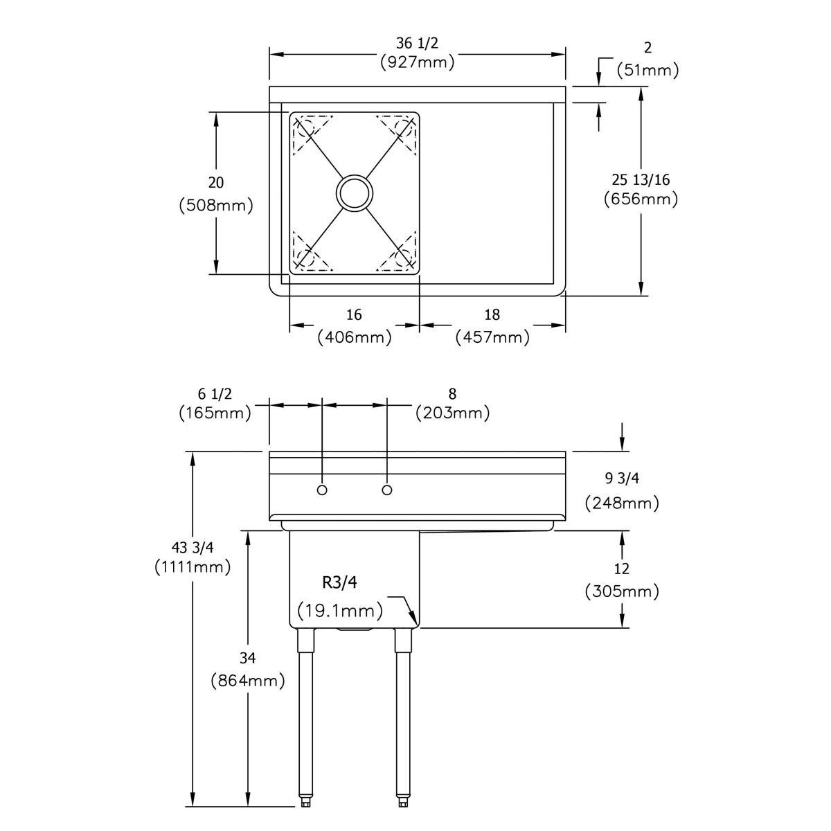 Stainless steel one-compartment sink with 16-inch bowl, 18-inch right drainboard, and stainless steel legs, technical drawing