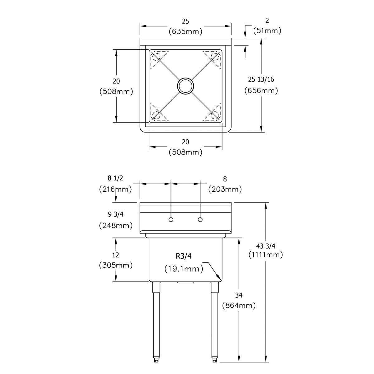 Stainless steel single-compartment sink with square basin, faucet holes, and four legs, shown in top and front elevation tech