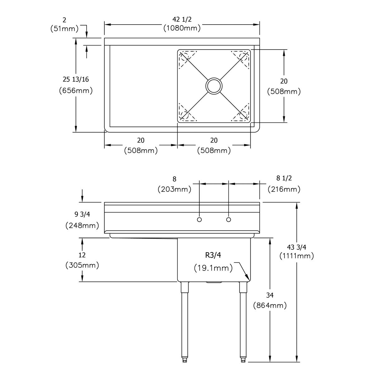 Stainless steel commercial sink with one compartment, left drainboard, and four legs, shown in top and side technical drawing