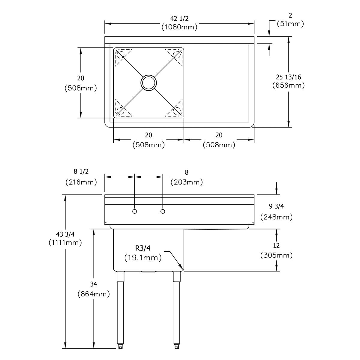 Stainless steel one-compartment sink with 20" right drainboard and legs, shown in top and side technical drawings with dimens