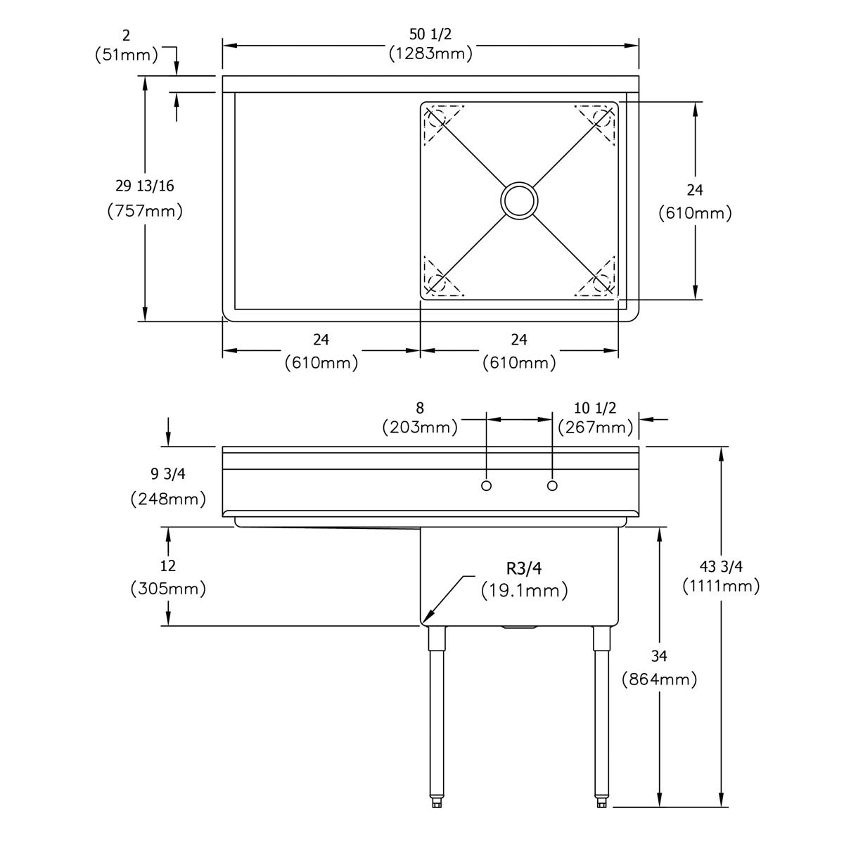 Stainless steel one-compartment sink with 24" left drainboard and legs, top and side technical specification views.