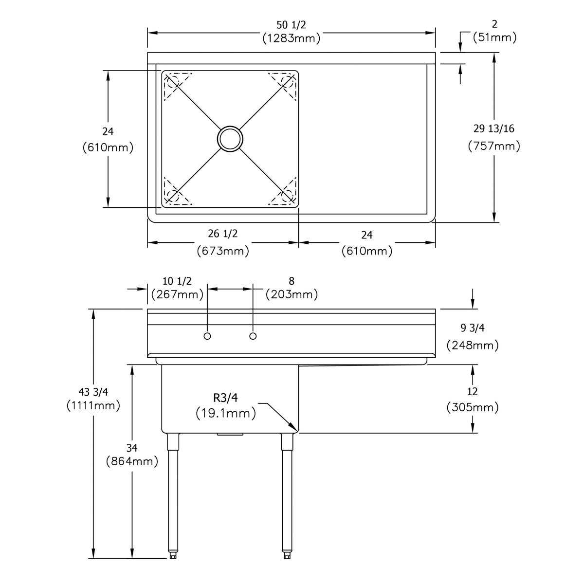 Stainless steel one-compartment sink with 24-inch right drainboard and four legs, shown in top and side view technical drawin