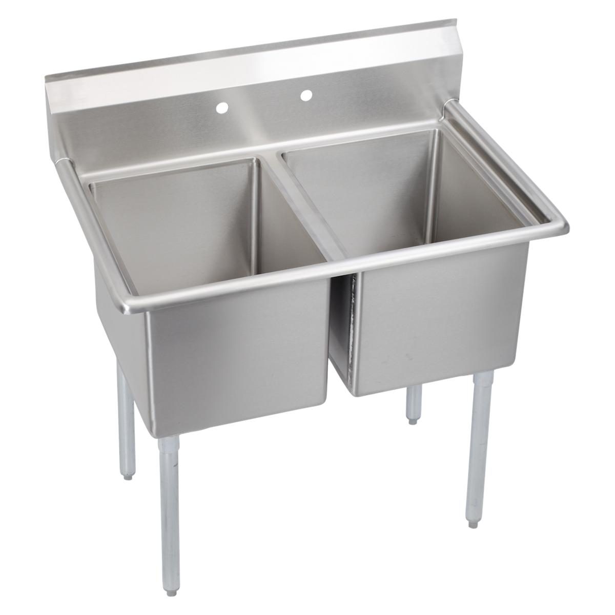 Stainless steel two-compartment sink with backsplash and four legs, viewed from above at an angle.