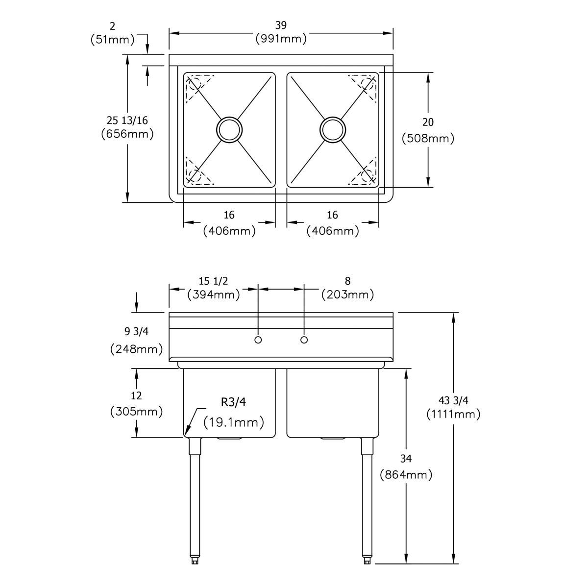 Stainless steel two-compartment sink with drain holes and legs, shown in top and side technical diagrams with measurements.
