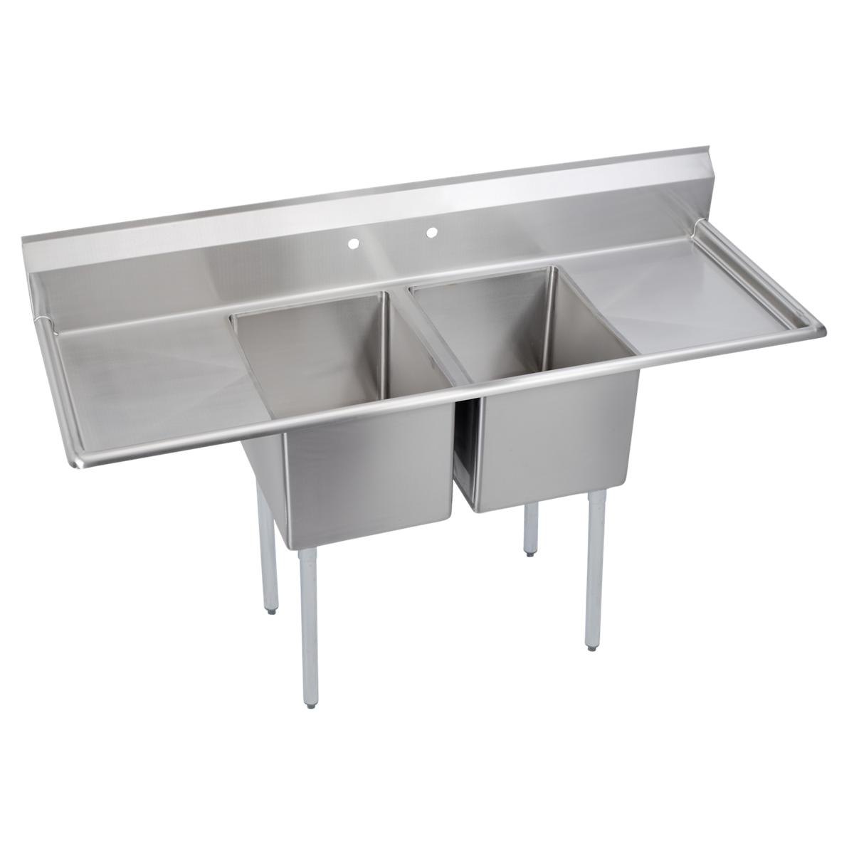 Stainless steel two-compartment sink with drainboards on left and right sides and four metal legs.