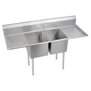 Stainless steel two-compartment sink with drainboards on left and right sides and four metal legs.